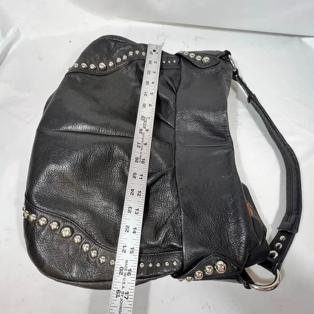 B. Makowsky Hobo Bag Purse Black Pebbled Leather Silver Studded Leopard Lining - Picture 11 of 11